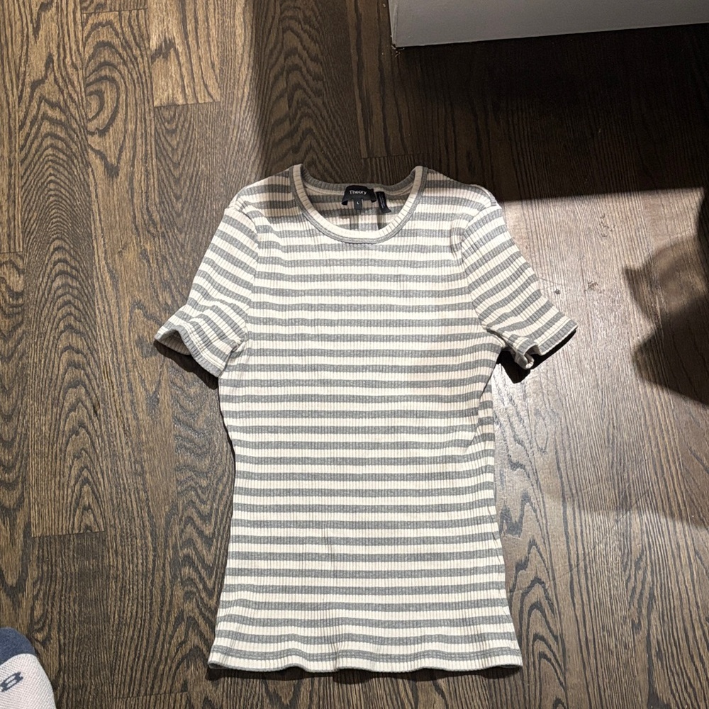 Theory Beige and gray Striped Short Sleeve Top